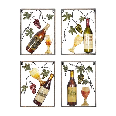 Set of 4 Multi Colored Metal Traditional Wine Wall Decor, 18" x 14"