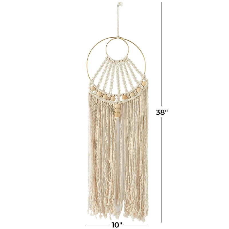 Beige Cotton Handmade Intricately Weaved Macrame Wall Decor with Beaded Fringe Tassels 10" x 1" x 38"