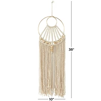 Beige Cotton Handmade Intricately Weaved Macrame Wall Decor with Beaded Fringe Tassels 10" x 1" x 38"