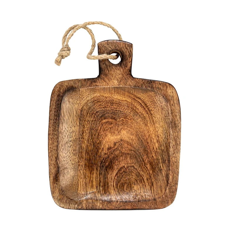 Hello Honey® 9" Hand-Carved Mango Wood Serving Board with Handle & Jute Tie