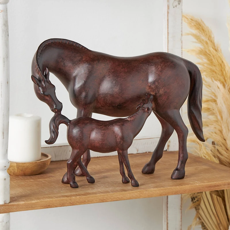 Dark Brown Horse Mom & Baby Sculpture