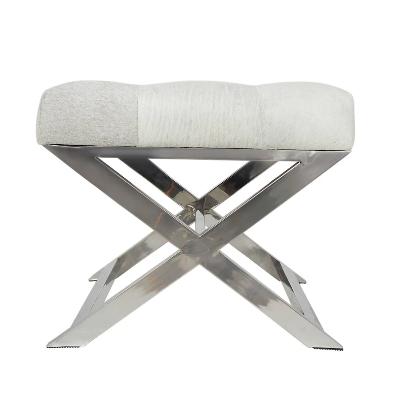 19" Light Gray Leather Geometric Tufted Stool with Metal Base