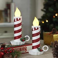 10" Red & White Flickering LED Glittery Striped Candles, 2ct.