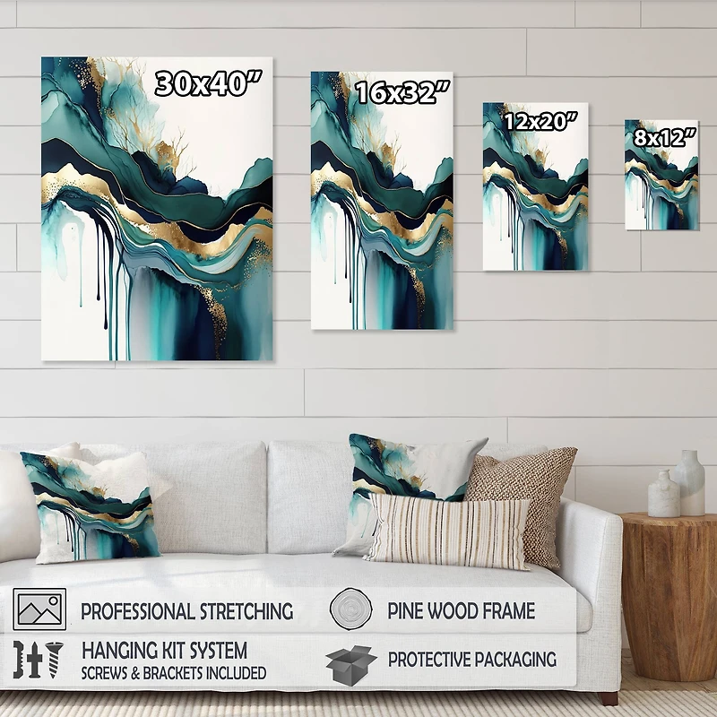 Designart 'Teal And Gold Abstract Expression IV' Modern Framed Canvas Wall Art