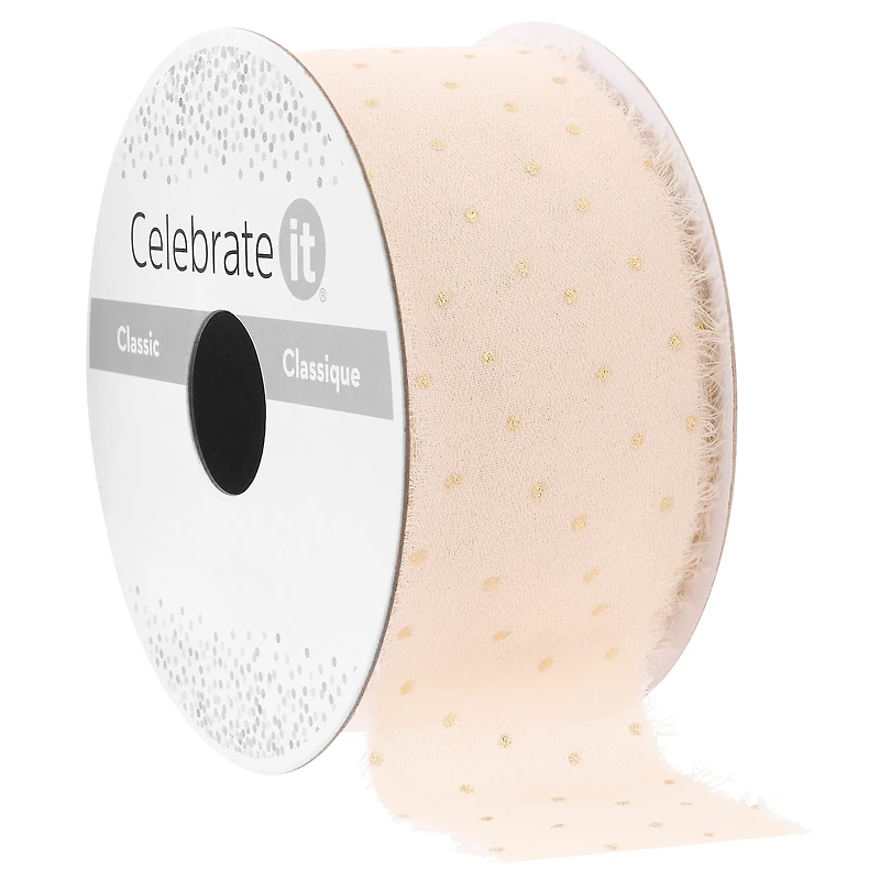 1.5" x 3yd. White Chiffon Gold Dot Ribbon with Fray Edge by Celebrate It® Classic