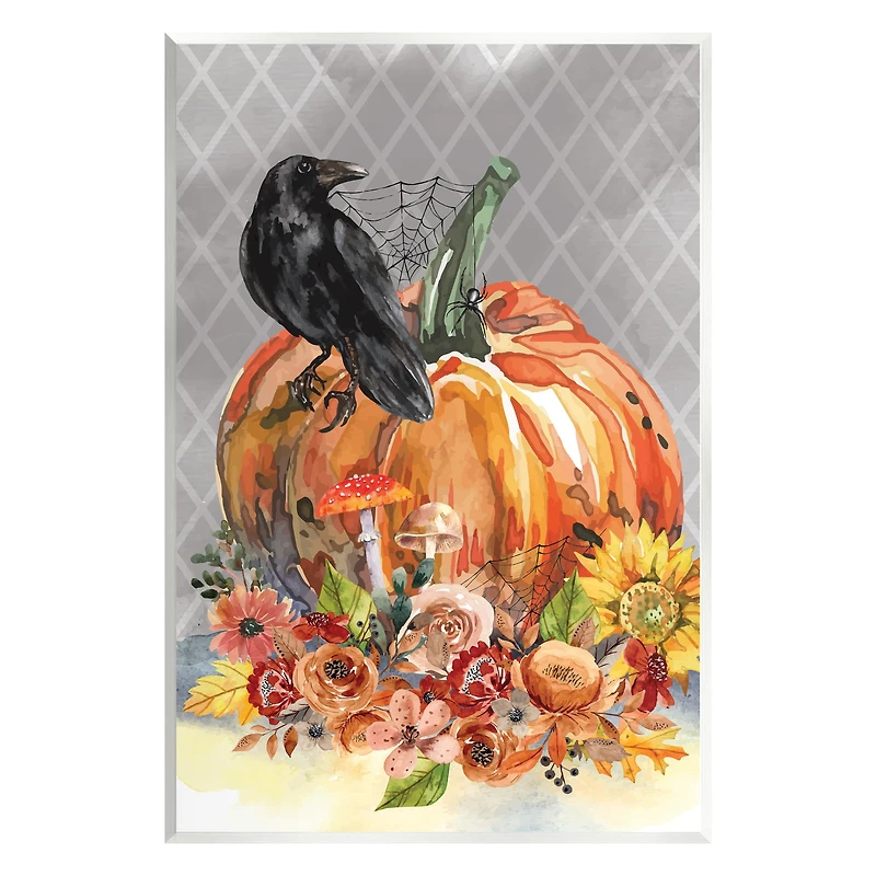 Stupell Industries Autumn Crow Pumpkin Botanicals Wall Plaque Art