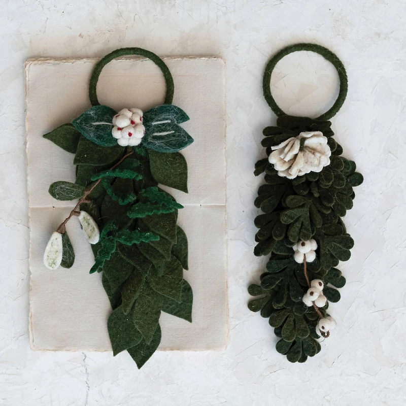 Hello Honey® 11" Green & Cream Handmade Wool Felt Door Hanger with Leaves & Flowers Set