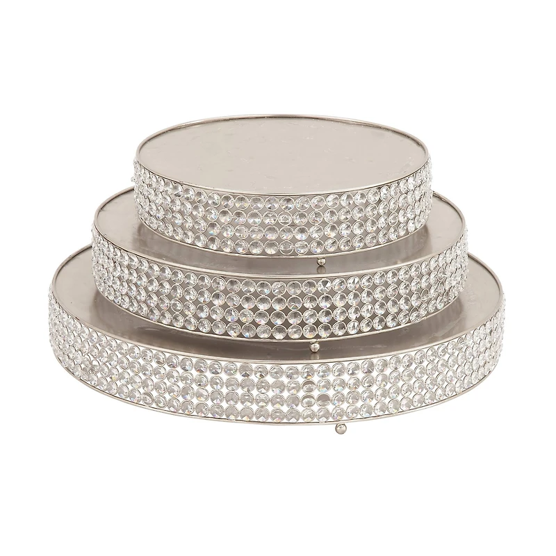 Glam Round Silver Metal and Glass Bead Cake Stand, Set of 3, 3"
