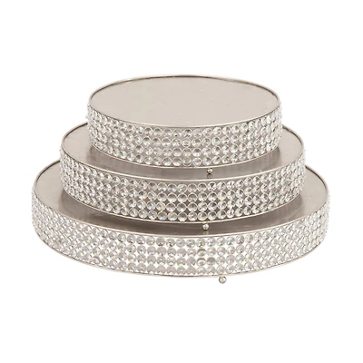 Glam Round Silver Metal and Glass Bead Cake Stand, Set of 3, 3"