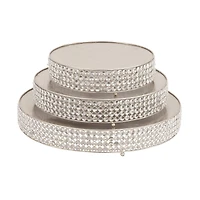Glam Round Silver Metal and Glass Bead Cake Stand, Set of 3, 3"
