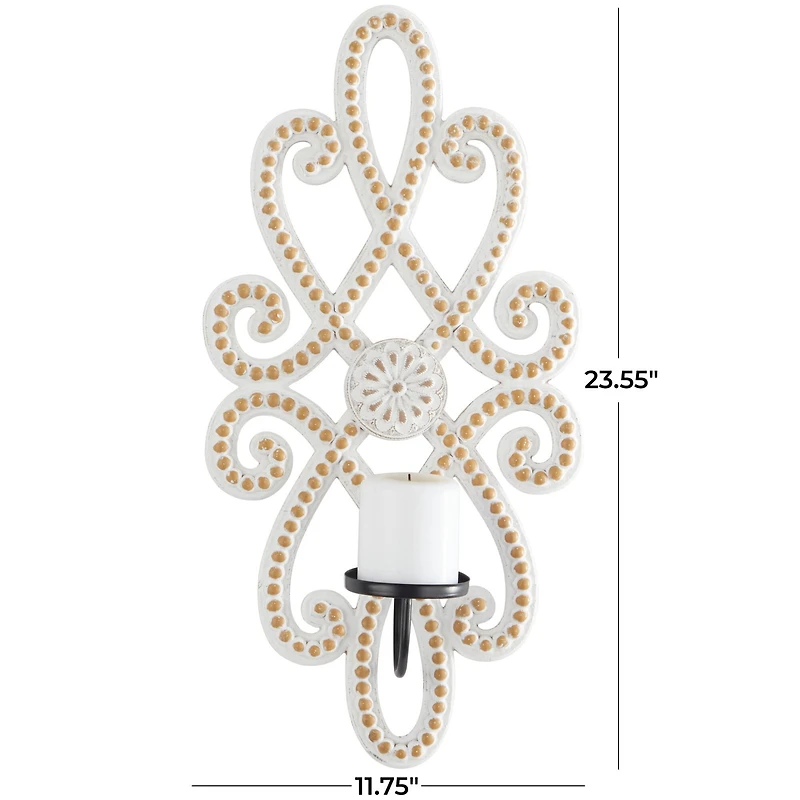 24" White Wood Beaded Pillar Scroll Wall Sconce