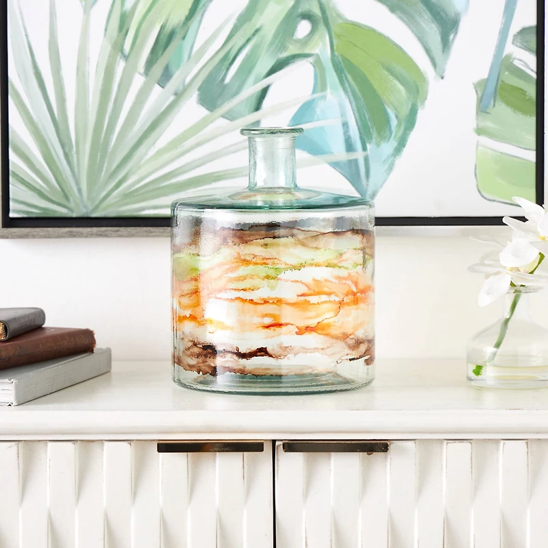 10" Clear & Brown Swirl Abstract Spanish Bottle Recycled Glass Vase