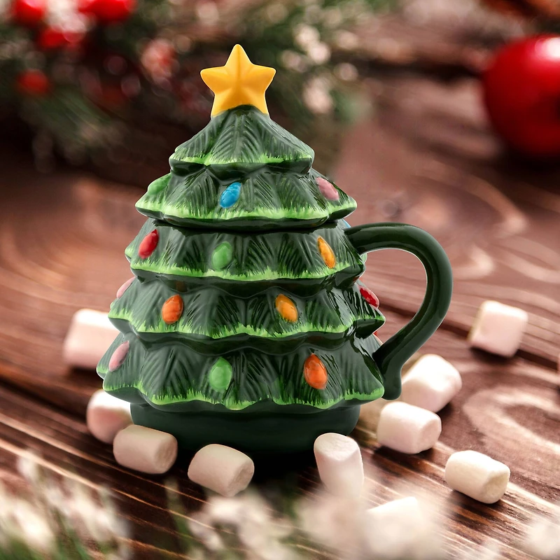 Mr. Christmas 16oz. Green Nostalgic Ceramic Tree Lidded Mug