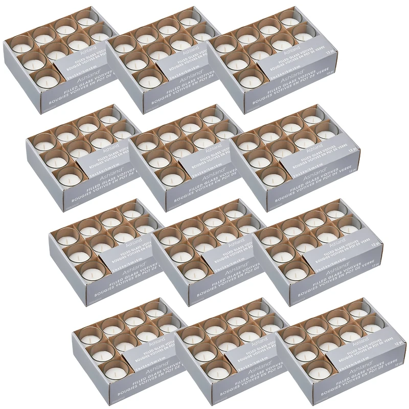 12 Packs: 12 ct. (144 total) White Glass Votive Candles Pack by Ashland® Basic Elements™