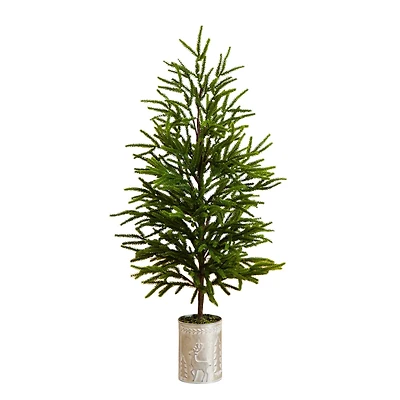 32in. Artificial Real Touch Norfolk Island Pine in Christmas Tin Metal Planter with Natural Look