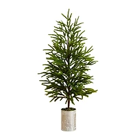 32in. Artificial Real Touch Norfolk Island Pine in Christmas Tin Metal Planter with Natural Look