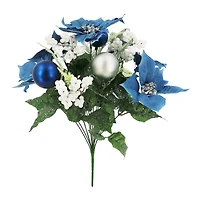 19.75" Deluxe Blue Poinsettia, Berry & Ornament Bush by Ashland®