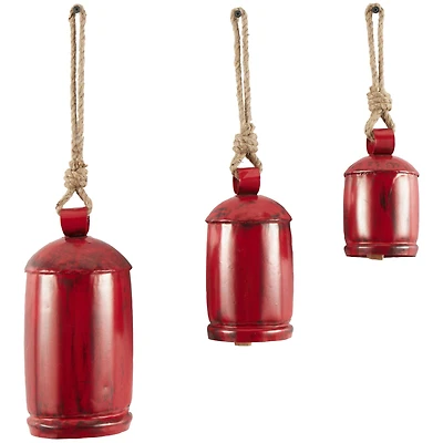 Red Metal Cow Bells Tibetan Inspired Decorative with Jute Hanging Rope Set