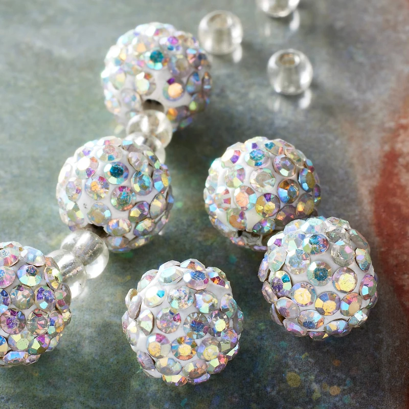 12 Pack: Silver Rhinestone Studded Round Beads, 10mm by Bead Landing™