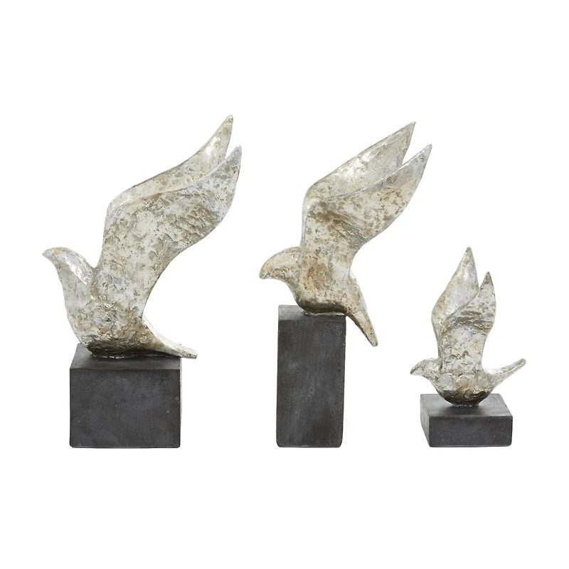 Set of 3 Silver Polystone Contemporary Sculpture, 14", 9", 14"