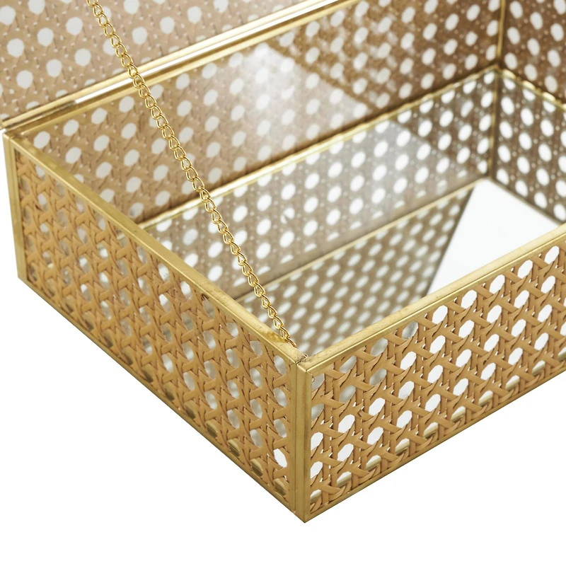 Brown Woven Rattan & Glass Panel Jewelry Box with Chain Accent Set