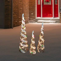 Set of 3 Lighted Champagne Gold Rattan Candy Covered Cone Tree Christmas Yard Art Decorations 39.25"
