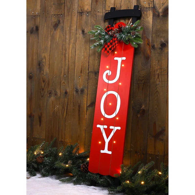 Glitzhome® 40" Lighted Wooden Sleigh JOY Porch Sign with Timer