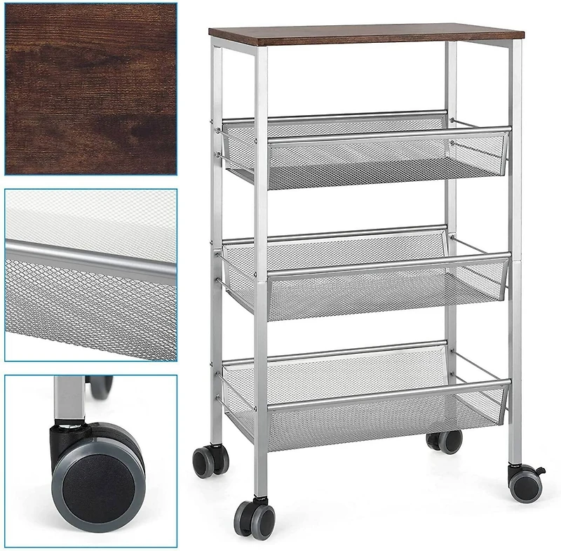 Silver 3-Tier Rustic Kitchen Cart
