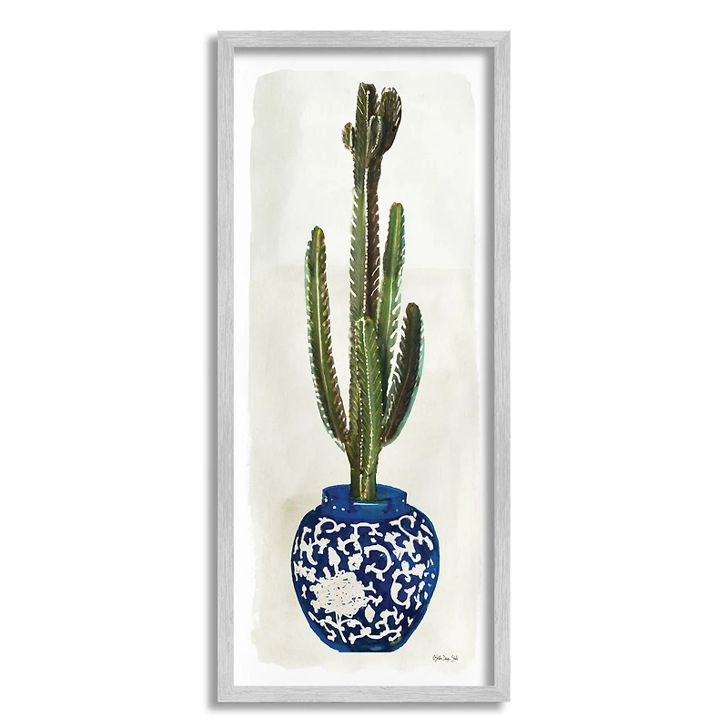 Stupell Industries Cactus in Blue Ornate Vase Wall Art in Gray Frame