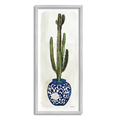 Stupell Industries Cactus in Blue Ornate Vase Wall Art in Gray Frame