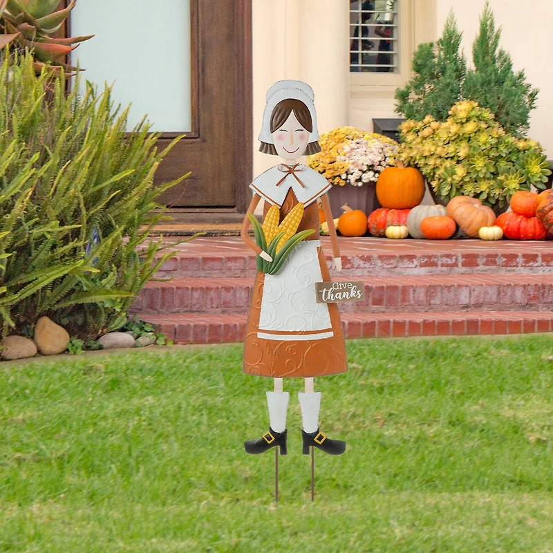 Glitzhome® 36" Metal Thanksgiving Pilgrim Girl Standing Or Hanging Yard Stake