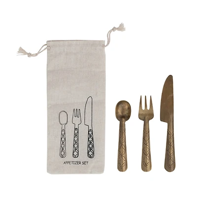 Hello Honey 3-Piece Hand-Forged Brass Appetizer Utensils with Etched Handles, Antique Finish