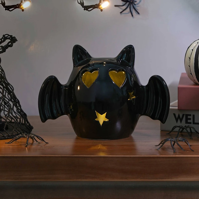 6.5" Black Bat with Heart Eyes LED Ceramic Tabletop Décor by Ashland®