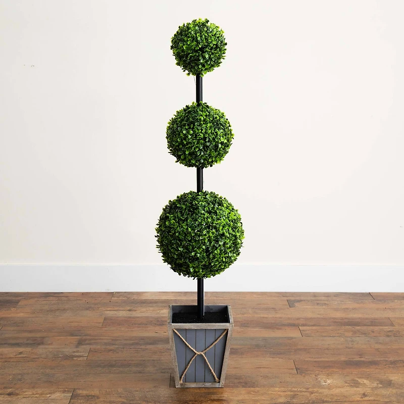 4ft. LED UV Resistant Triple Ball Boxwood Topiary in Decorative Planter