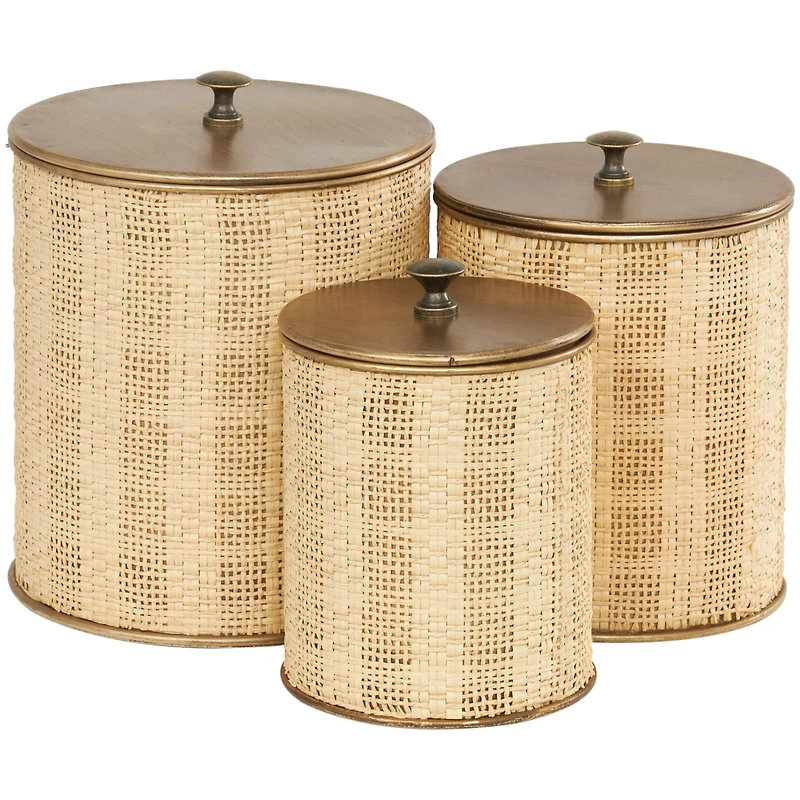 Beige & Gold Woven Paper Decorative Jar Set