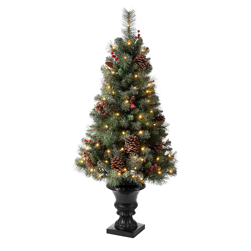 2 Pack 4ft. Pre-Lit Flocked Pinecone & Berry Fir Artificial Christmas Tree in Planter, Warm White Lights