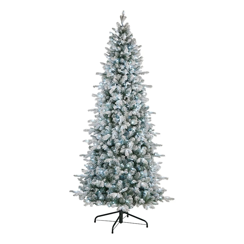 7.5ft. Pre-Lit Snowy Comet Slim Blue Artificial Christmas Tree, Cool White LED Lights