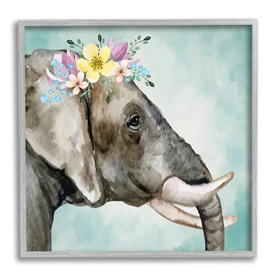 Stupell Industries Elephant Safari Animal Purple Yellow Boho Floral Crown Framed Wall Art