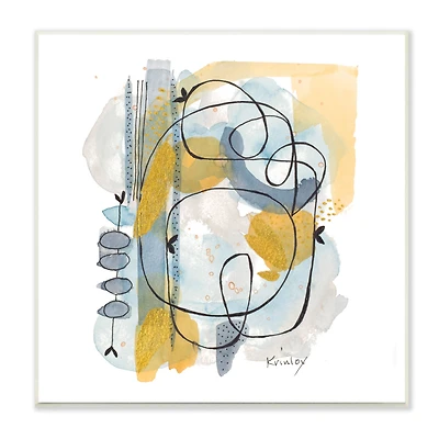 Stupell Industries Modern Leaf Line Abstraction Yellow Blue Watercolor,12" x 12"