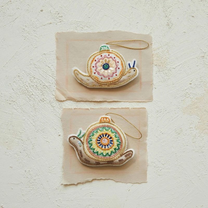 Hello Honey® 2 Pack 3.5" Beaded & Embroidered Snail Cotton Fabric Ornaments