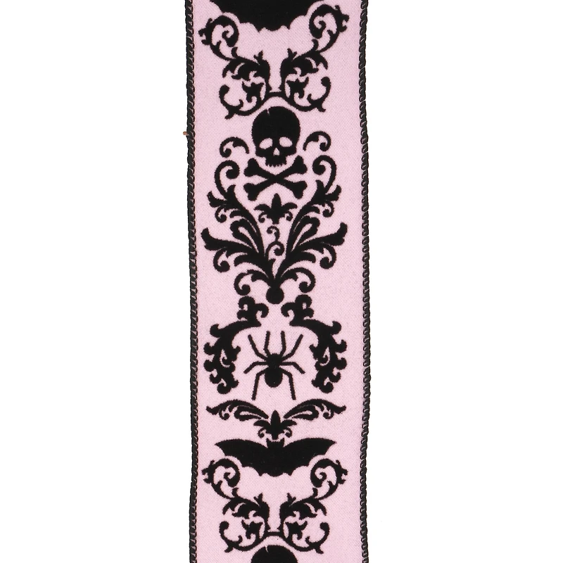 2.5" x 20ft. Black & Pink Flocked Damask Skulls Wired Ribbon by Celebrate It® Halloween
