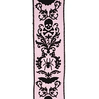 2.5" x 20ft. Black & Pink Flocked Damask Skulls Wired Ribbon by Celebrate It® Halloween