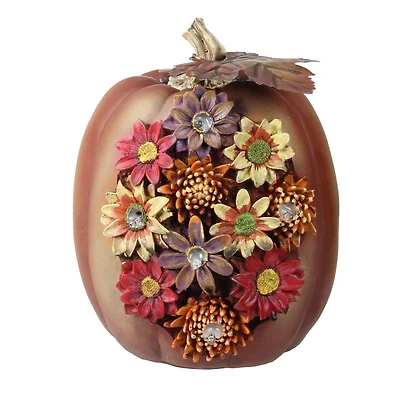 7.75" Brown & Red LED Floral Pumpkin Tabletop Décor