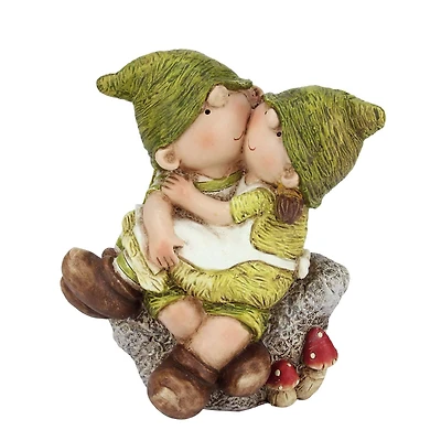 15" Young Boy & Girl Gnomes Sitting on a Stone Spring Outdoor Garden Patio Figure