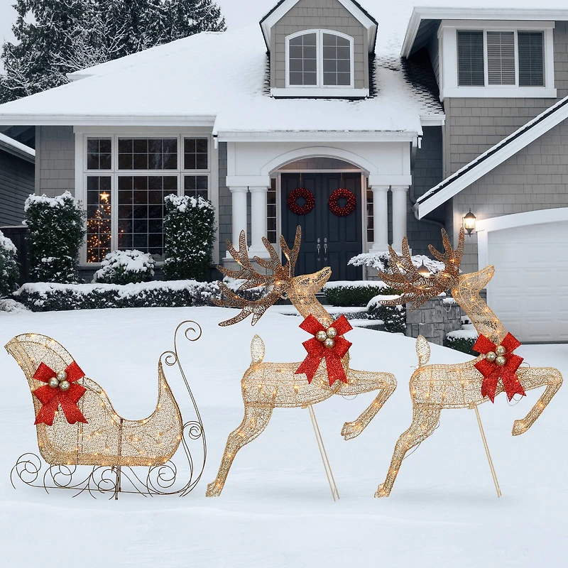 Champagne Reindeer and Sleigh with Clear Lights Decoration