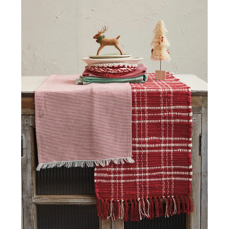 Hello Honey® 108" Red & White Woven Cotton Table Runner with Stripes & Fringe