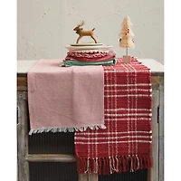 Hello Honey® 108" Red & White Woven Cotton Table Runner with Stripes & Fringe