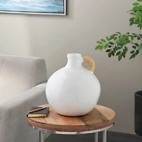 13" White Ceramic Jug Inspired Vase with Rattan Wrapped Handle