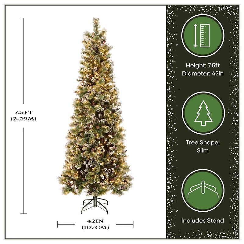 7.5ft. Pre-Lit Glittery Bristle® Slim Pine Artificial Christmas Tree, Clear Lights