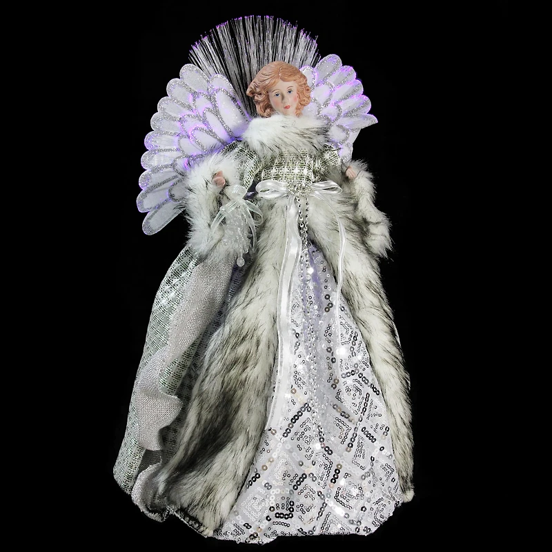 16" Lighted Fiber Optic Angel in Silver Gingham Coat Tree Topper